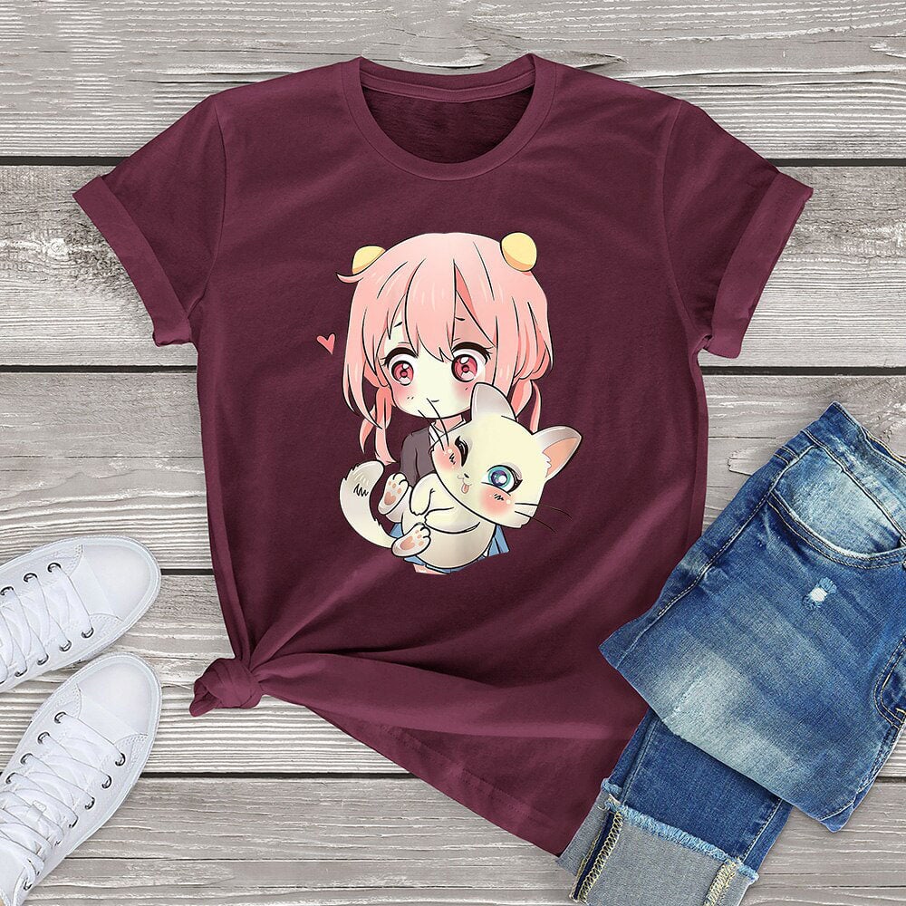 kawaiies-softtoys-plushies-kawaii-plush-Anime Kawaii Girl Cuddling Cat Unisex Tee Apparel Burgundy XS 