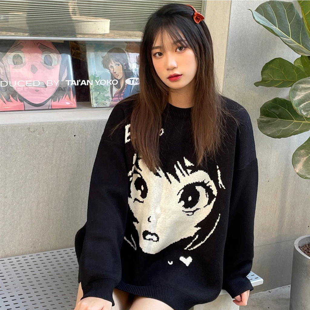 Anime Kawaii Girl Face Oversized Long Sleeve Streetwear - Kawaiies - Adorable - Cute - Plushies - Plush - Kawaii