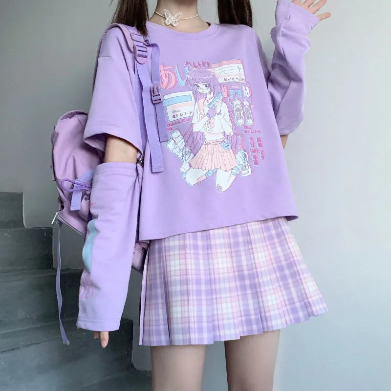 Anime Purple White Black E-girl Shooter Graphic Harajuku T Shirt & Arm Warmers - Kawaiies - Adorable - Cute - Plushies - Plush - Kawaii