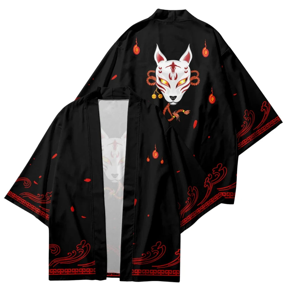 kawaiies-softtoys-plushies-kawaii-plush-Anime White Fox Mask Black Red Unisex Kimono Kimono S 