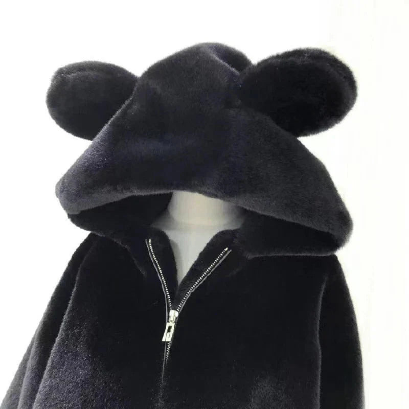 kawaiies-softtoys-plushies-kawaii-plush-Bear Soft Faux Fur Hooded Coat Jacket Black S 