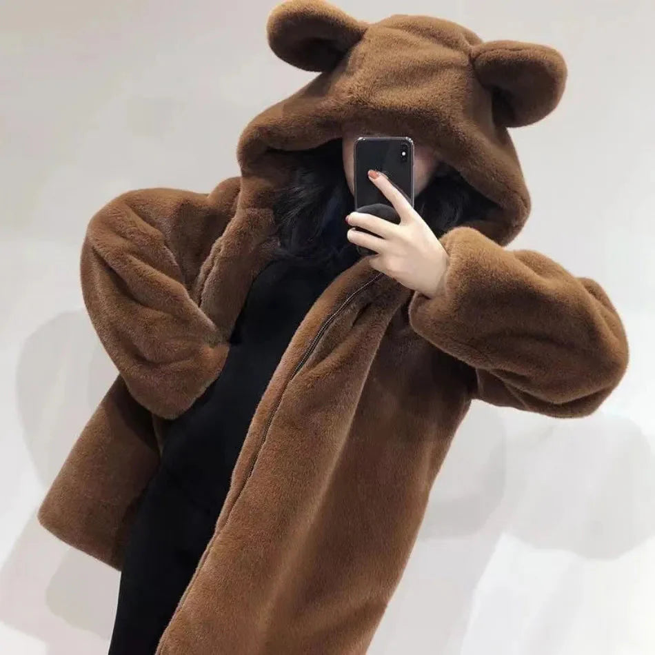 kawaiies-softtoys-plushies-kawaii-plush-Bear Soft Faux Fur Hooded Coat Jacket Brown S 