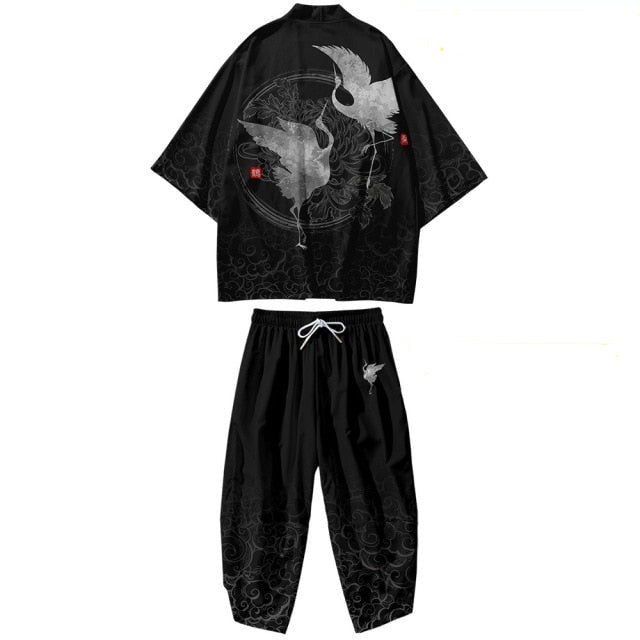 Black Japanese Crane Mens Two-Piece Kimono Yukata Top & Pants Sets - Kawaiies - Adorable - Cute - Plushies - Plush - Kawaii