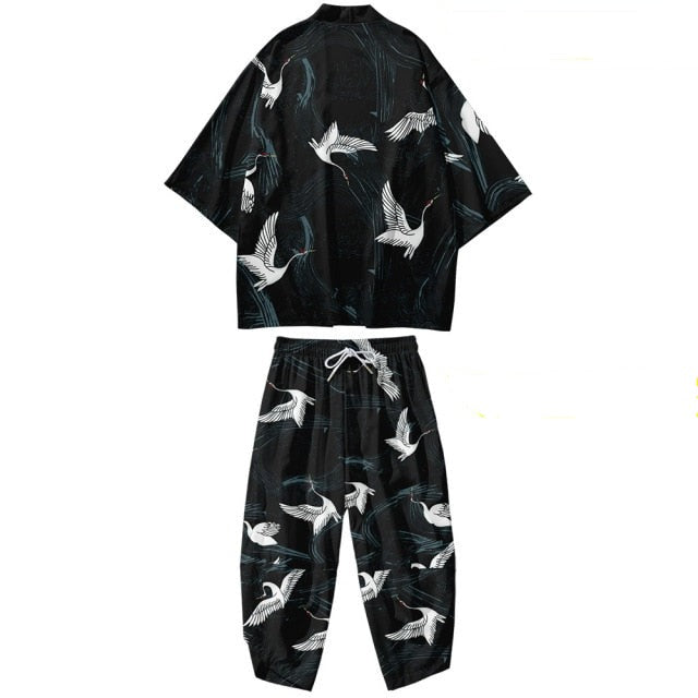 Black Japanese Crane Mens Two-Piece Kimono Yukata Top & Pants Sets - Kawaiies - Adorable - Cute - Plushies - Plush - Kawaii