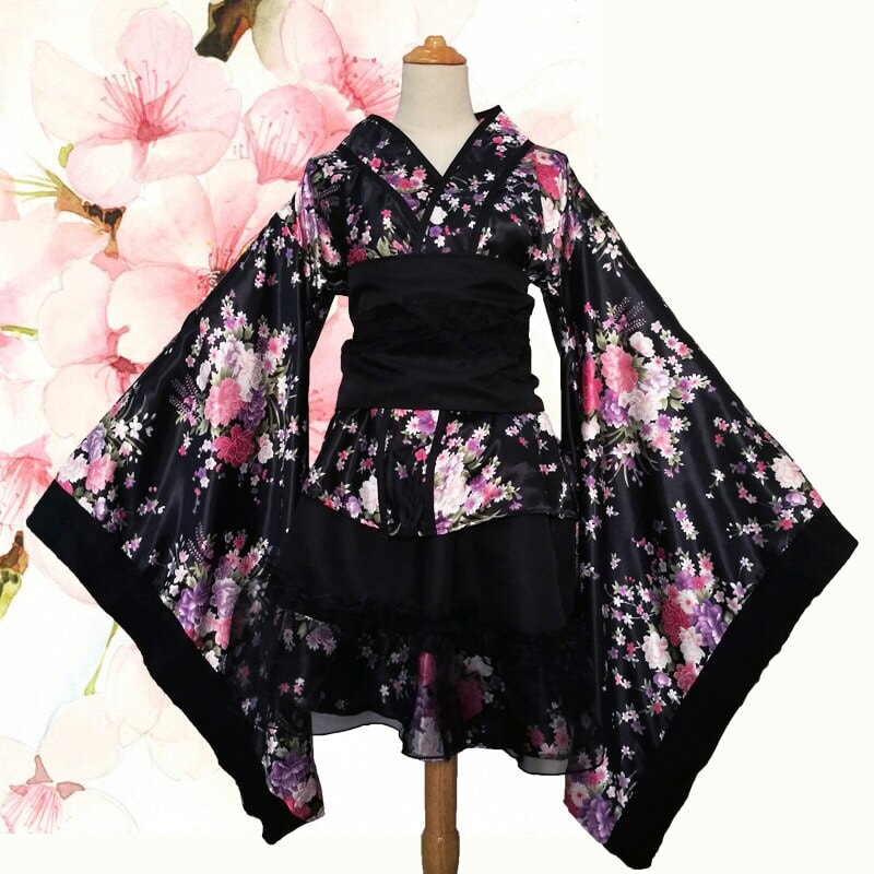 Black Red Japanese Kimono Floral Pattern Short Robe - Kawaiies - Adorable - Cute - Plushies - Plush - Kawaii