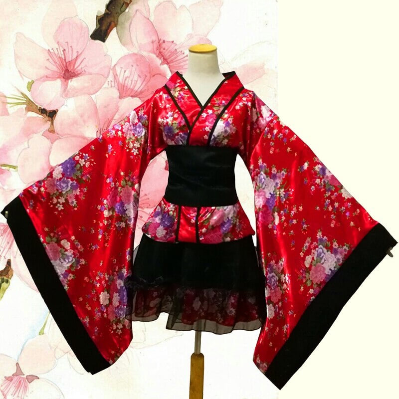 Black Red Japanese Kimono Floral Pattern Short Robe - Kawaiies - Adorable - Cute - Plushies - Plush - Kawaii