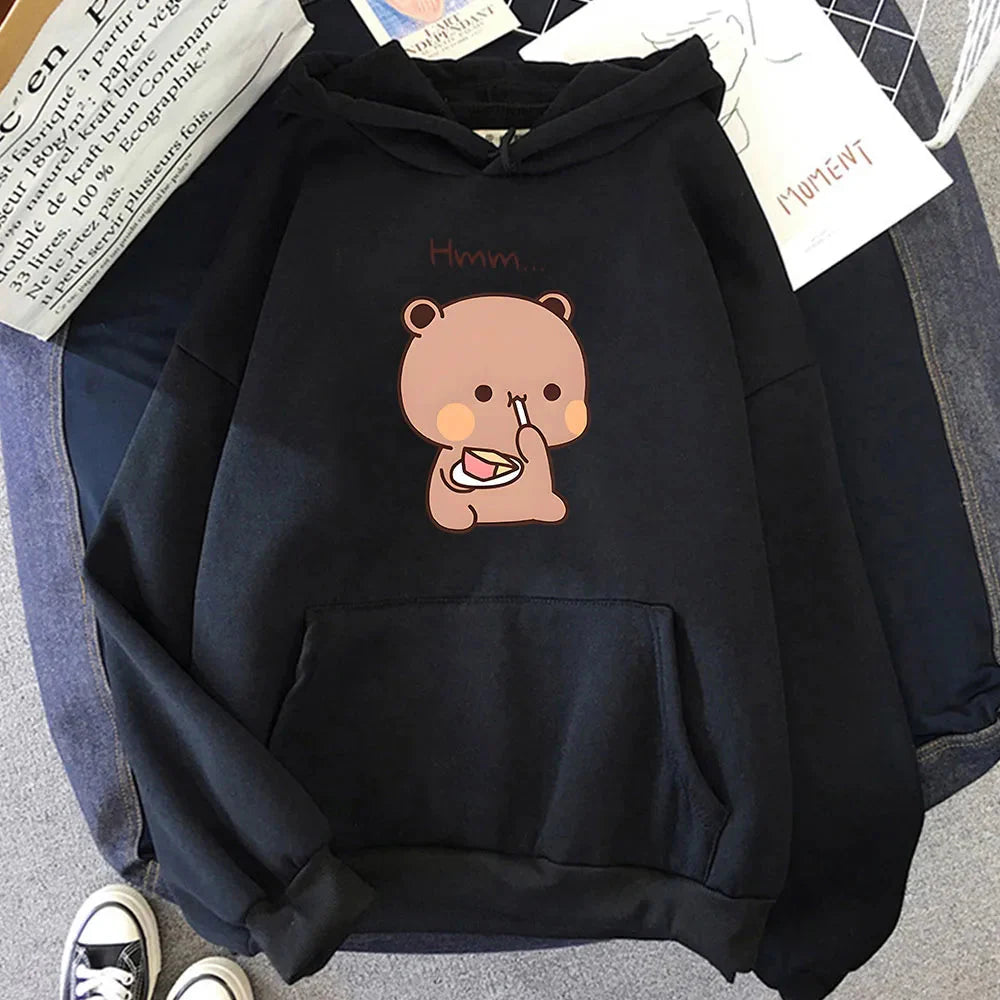 kawaiies-softtoys-plushies-kawaii-plush-Boba the Brown Bear Munching Cake Unisex Hoodies Apparel Black XS 