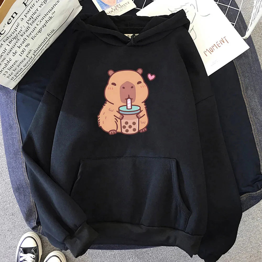 kawaiies-softtoys-plushies-kawaii-plush-Capybara Drinking Bubble Tea Unisex Hoodie Apparel Black XS 