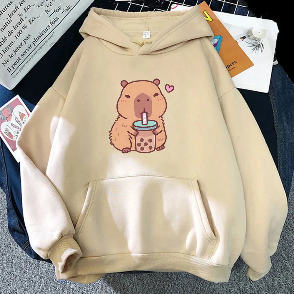 kawaiies-softtoys-plushies-kawaii-plush-Capybara Drinking Bubble Tea Unisex Hoodie Apparel Cream XS 