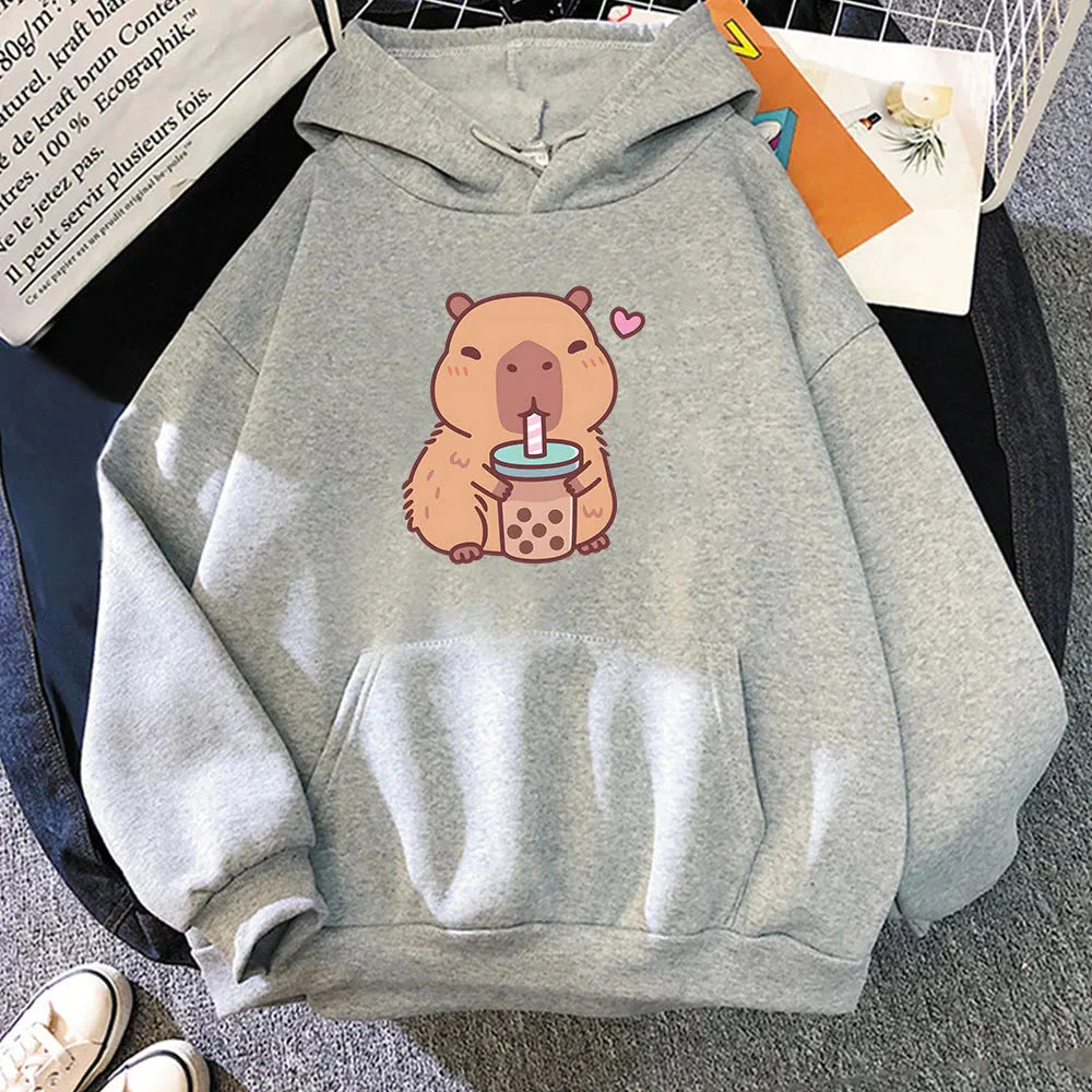 kawaiies-softtoys-plushies-kawaii-plush-Capybara Drinking Bubble Tea Unisex Hoodie Apparel Gray XS 