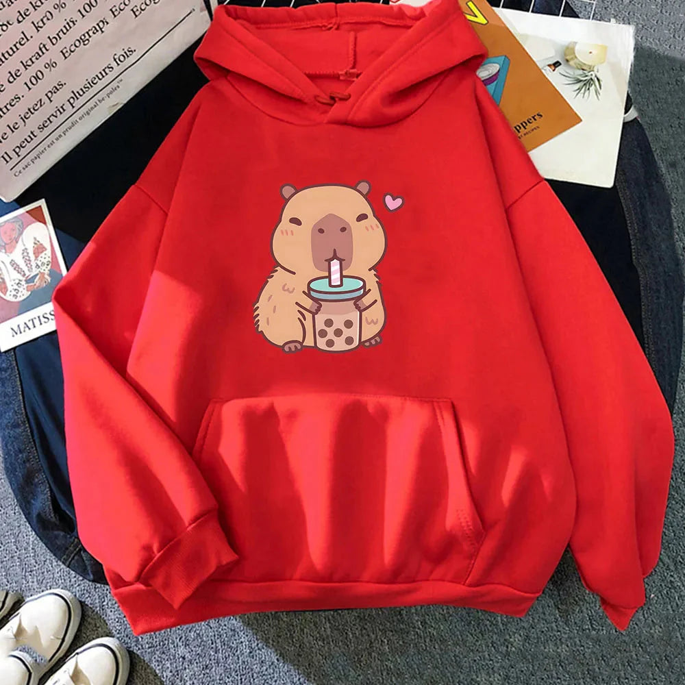 kawaiies-softtoys-plushies-kawaii-plush-Capybara Drinking Bubble Tea Unisex Hoodie Apparel Red XS 