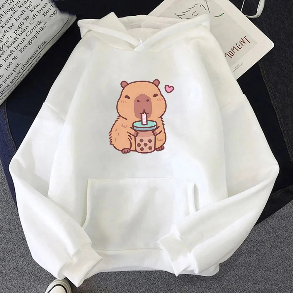 kawaiies-softtoys-plushies-kawaii-plush-Capybara Drinking Bubble Tea Unisex Hoodie Apparel White XS 