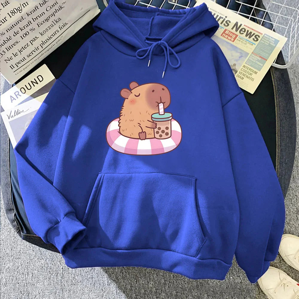 kawaiies-softtoys-plushies-kawaii-plush-Capybara Floating & Sipping Bubble Tea Unisex Hoodie Apparel Blue XS 