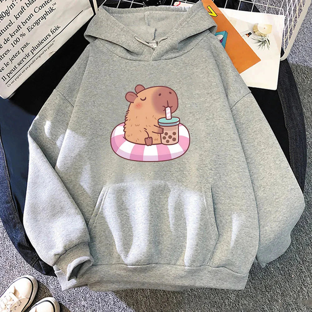 kawaiies-softtoys-plushies-kawaii-plush-Capybara Floating & Sipping Bubble Tea Unisex Hoodie Apparel Gray XS 