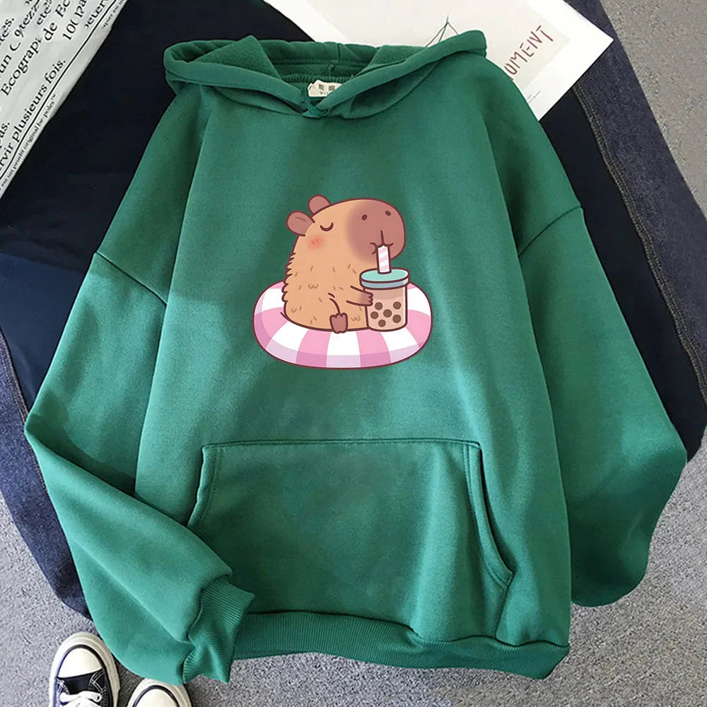 kawaiies-softtoys-plushies-kawaii-plush-Capybara Floating & Sipping Bubble Tea Unisex Hoodie Apparel Green XS 