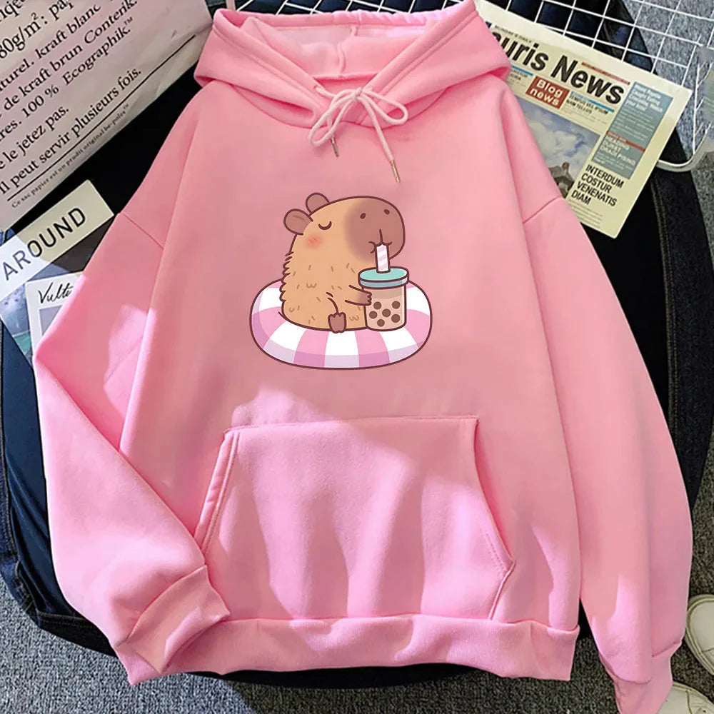 kawaiies-softtoys-plushies-kawaii-plush-Capybara Floating & Sipping Bubble Tea Unisex Hoodie Apparel Pink XS 