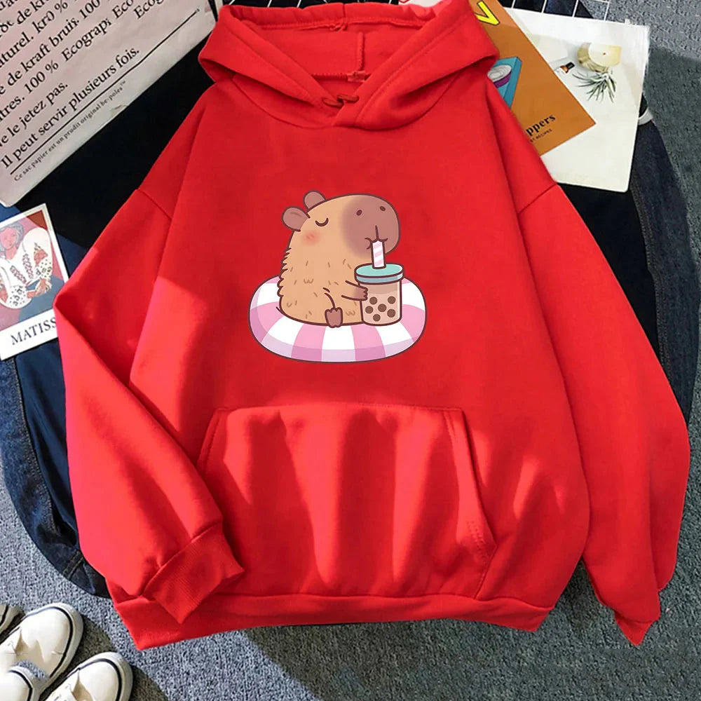 kawaiies-softtoys-plushies-kawaii-plush-Capybara Floating & Sipping Bubble Tea Unisex Hoodie Apparel Red XS 