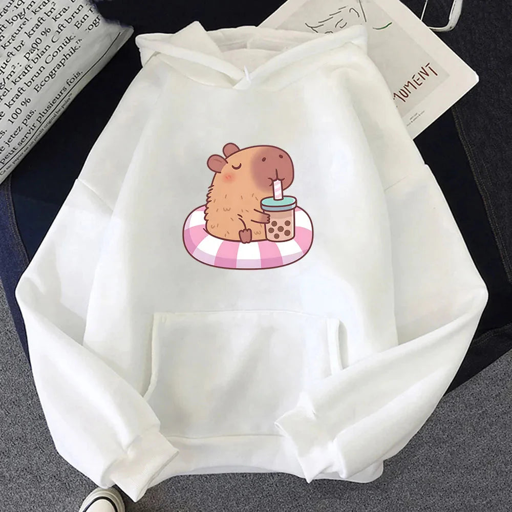 kawaiies-softtoys-plushies-kawaii-plush-Capybara Floating & Sipping Bubble Tea Unisex Hoodie Apparel White XS 