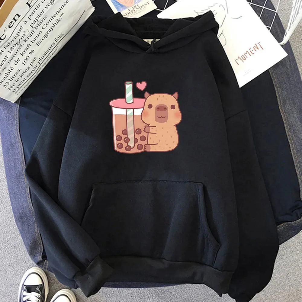 kawaiies-softtoys-plushies-kawaii-plush-Capybara Hugging Drinking Bubble Tea Unisex Hoodie Apparel Black XS 