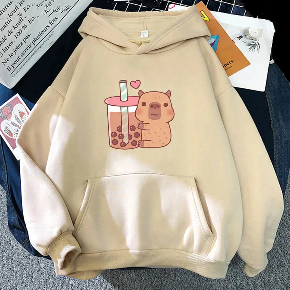 kawaiies-softtoys-plushies-kawaii-plush-Capybara Hugging Drinking Bubble Tea Unisex Hoodie Apparel Cream XS 