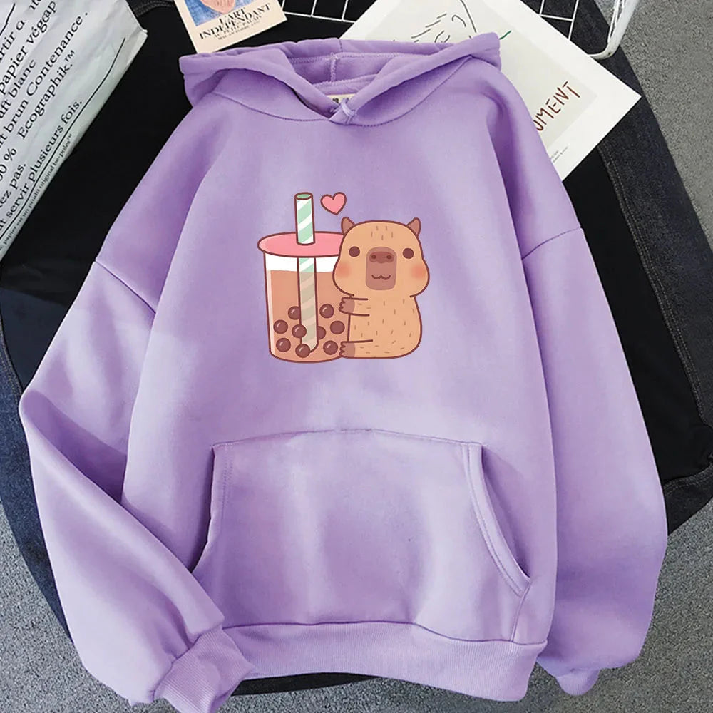 kawaiies-softtoys-plushies-kawaii-plush-Capybara Hugging Drinking Bubble Tea Unisex Hoodie Apparel Purple XS 