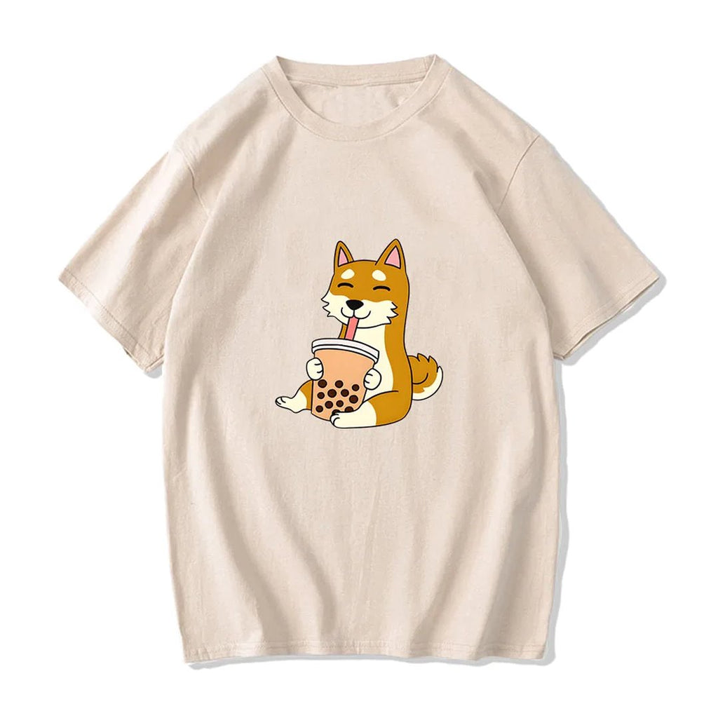 kawaiies-softtoys-plushies-kawaii-plush-Cartoon Shiba Inu drinking Bubble Tea Women's Part Cotton Tee Tops Cream S 