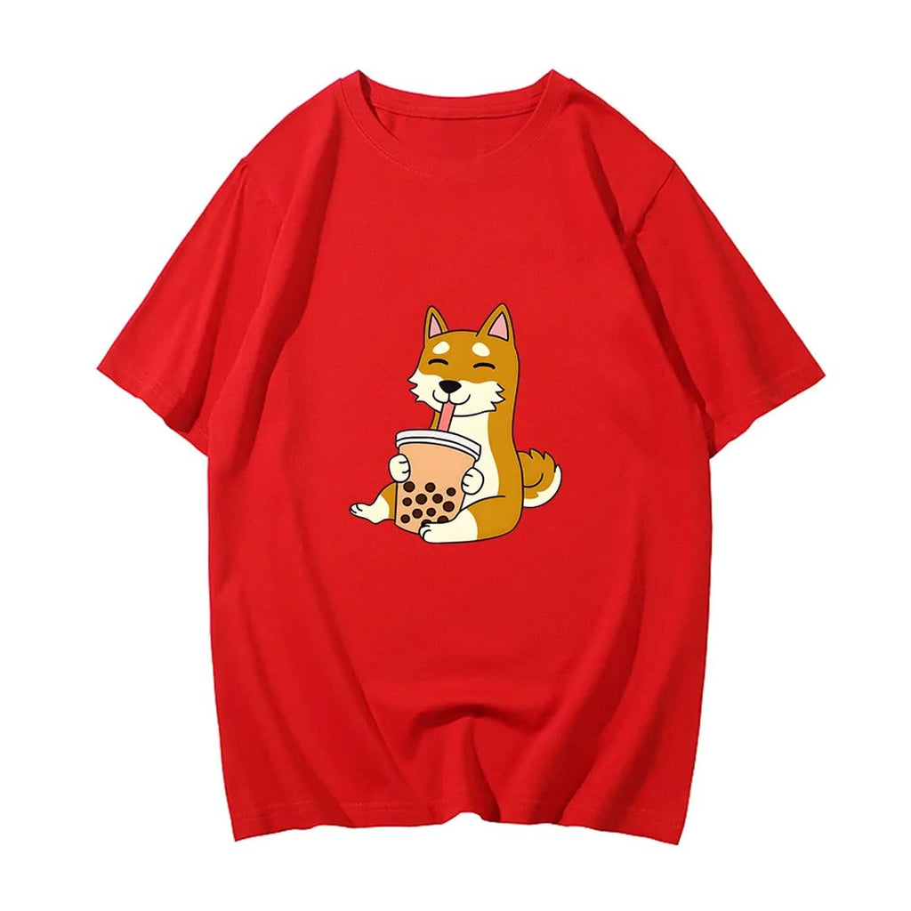 kawaiies-softtoys-plushies-kawaii-plush-Cartoon Shiba Inu drinking Bubble Tea Women's Part Cotton Tee Tops Red S 