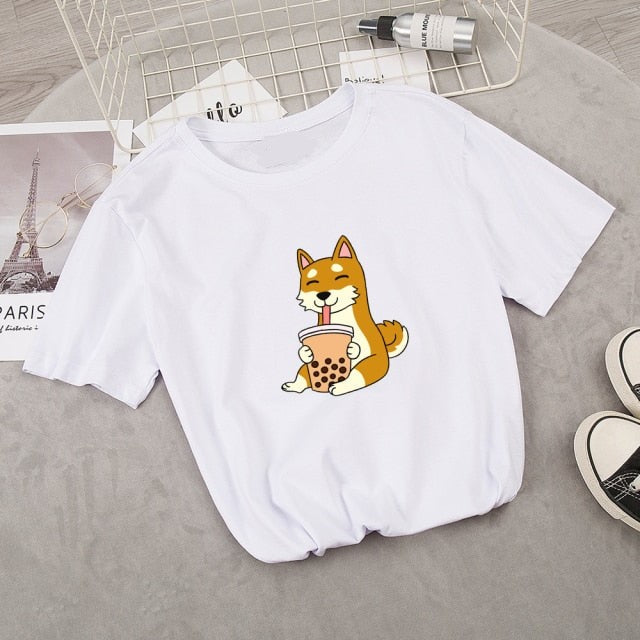 Cartoon Shiba Inu drinking Bubble Tea Women's Part Cotton Tee - Kawaiies - Adorable - Cute - Plushies - Plush - Kawaii