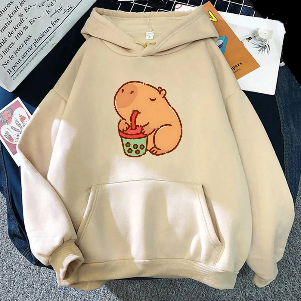 kawaiies-softtoys-plushies-kawaii-plush-Chonky Capybara Drinking Matcha Bubble Tea Unisex Hoodie Apparel Cream XS 