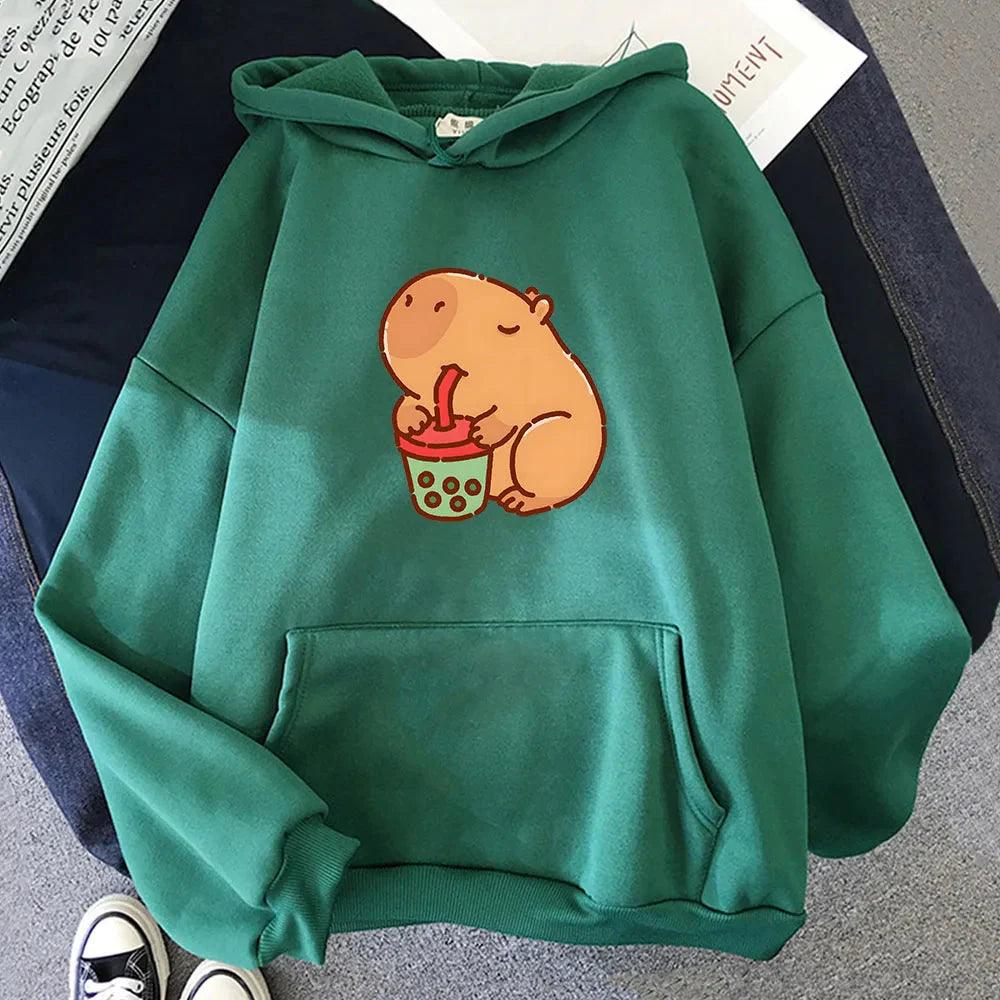 kawaiies-softtoys-plushies-kawaii-plush-Chonky Capybara Drinking Matcha Bubble Tea Unisex Hoodie Apparel Green XS 