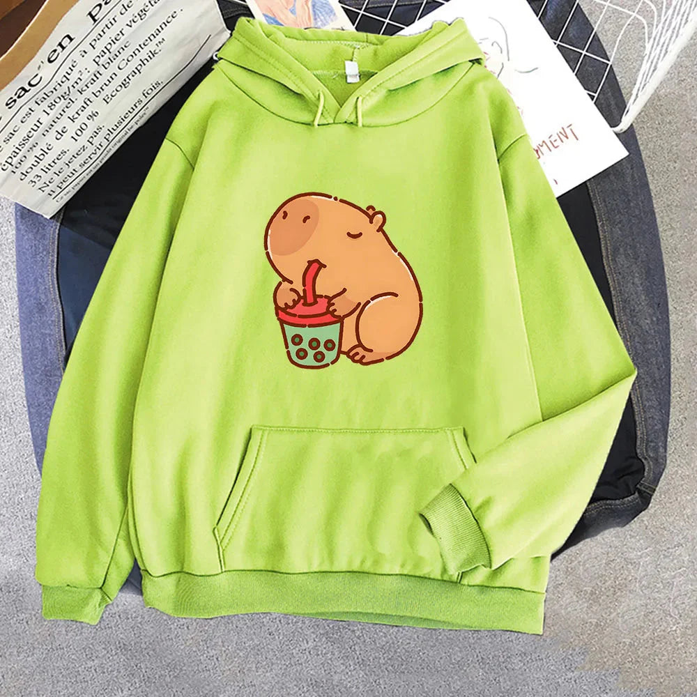 kawaiies-softtoys-plushies-kawaii-plush-Chonky Capybara Drinking Matcha Bubble Tea Unisex Hoodie Apparel Lime XS 