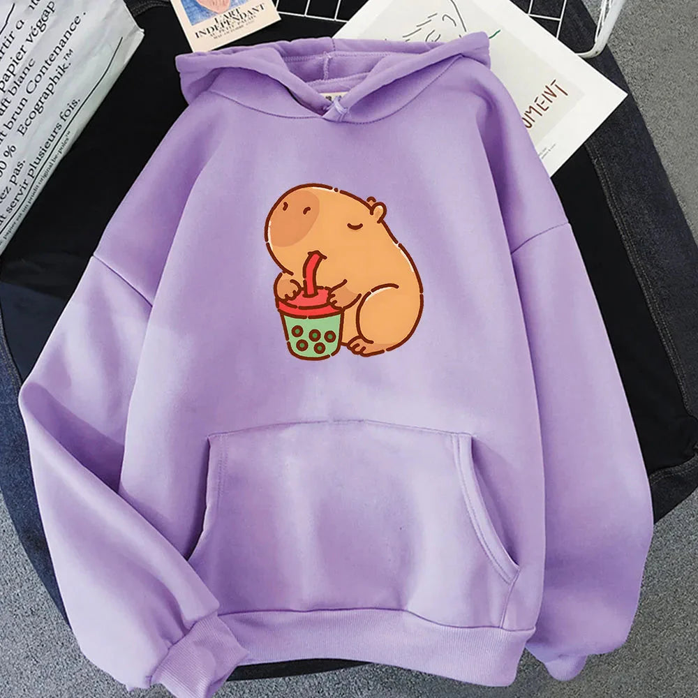 kawaiies-softtoys-plushies-kawaii-plush-Chonky Capybara Drinking Matcha Bubble Tea Unisex Hoodie Apparel Purple XS 