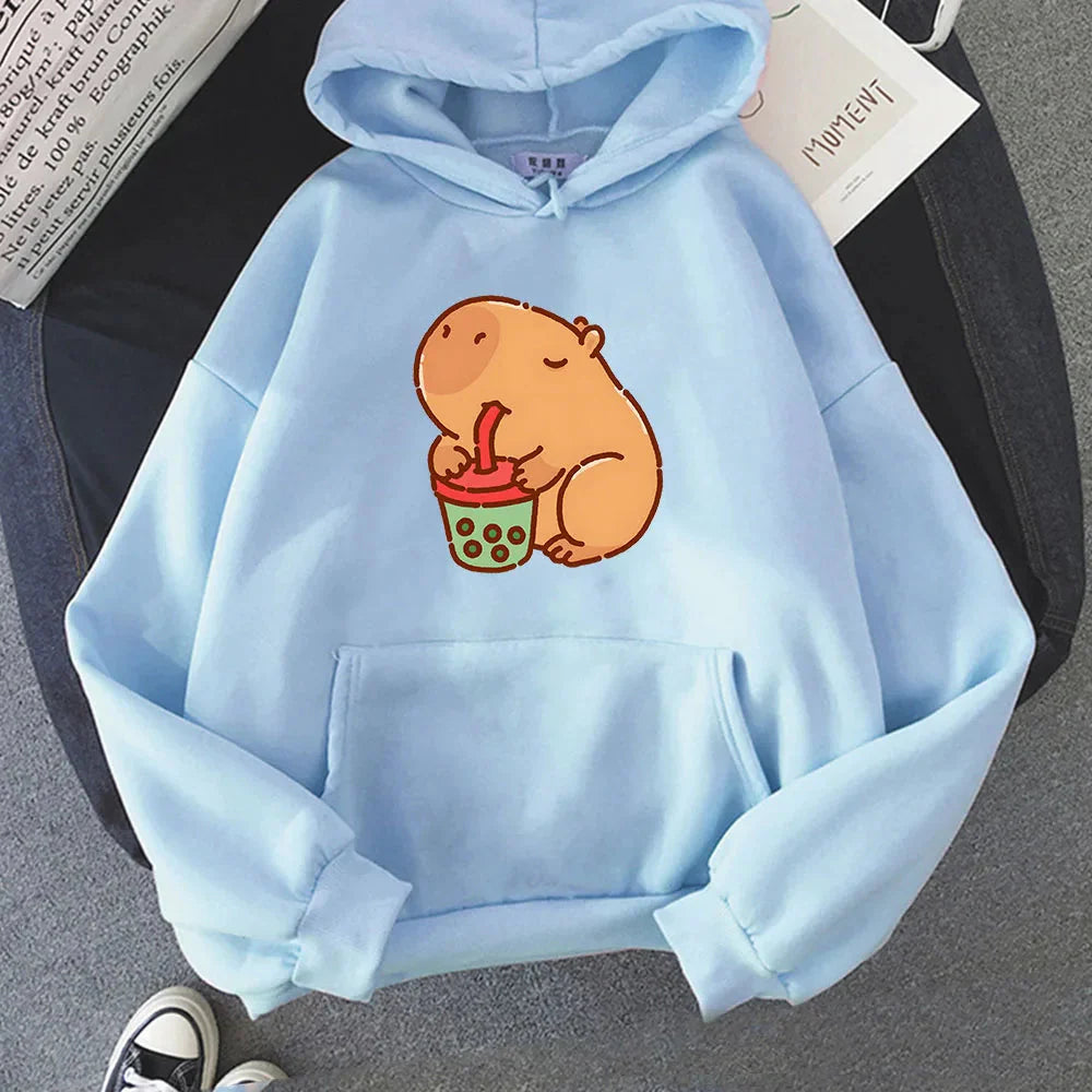 kawaiies-softtoys-plushies-kawaii-plush-Chonky Capybara Drinking Matcha Bubble Tea Unisex Hoodie Apparel Sky Blue XS 