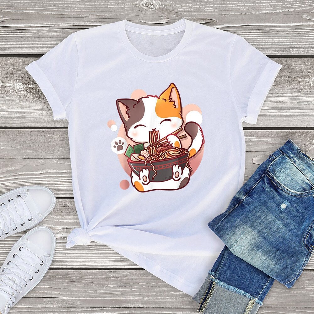 kawaiies-softtoys-plushies-kawaii-plush-Cute Cat eating Ramen Cotton Women's Tee Apparel White XS 