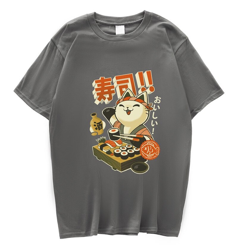 kawaiies-softtoys-plushies-kawaii-plush-Cute Cat Eating Sushi Unisex Tee Tops Gray S 