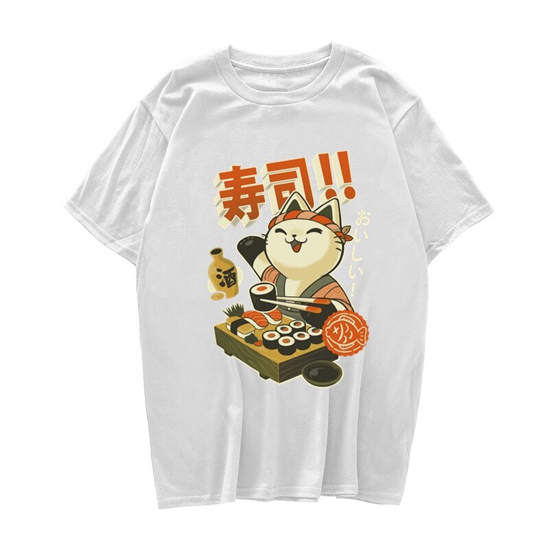 kawaiies-softtoys-plushies-kawaii-plush-Cute Cat Eating Sushi Unisex Tee Tops White S 