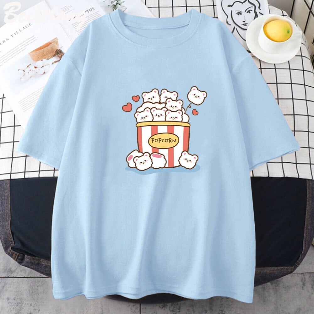 kawaiies-softtoys-plushies-kawaii-plush-Cute Kawaii White Bear Popcorn Unisex Tee Apparel Blue XS 