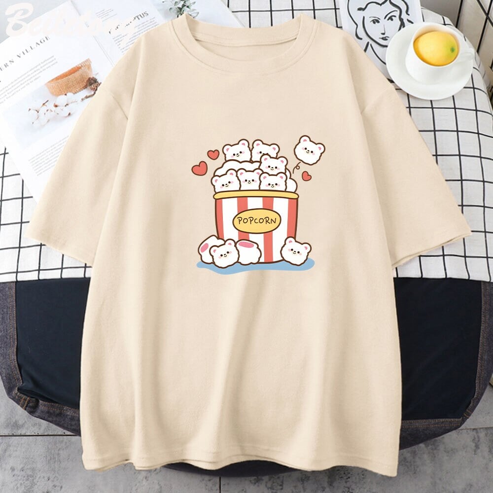 kawaiies-softtoys-plushies-kawaii-plush-Cute Kawaii White Bear Popcorn Unisex Tee Apparel Cream XS 