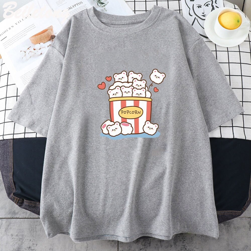 kawaiies-softtoys-plushies-kawaii-plush-Cute Kawaii White Bear Popcorn Unisex Tee Apparel Gray XS 