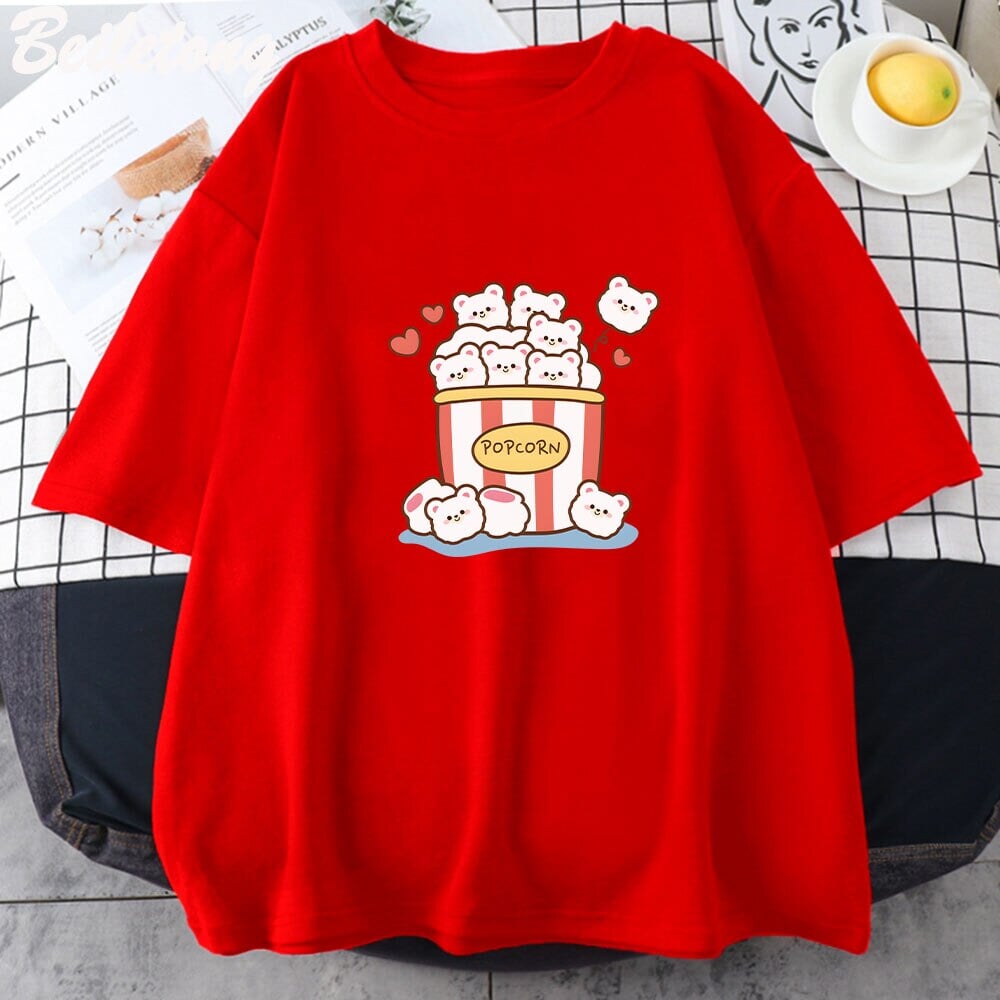 kawaiies-softtoys-plushies-kawaii-plush-Cute Kawaii White Bear Popcorn Unisex Tee Apparel Red XS 