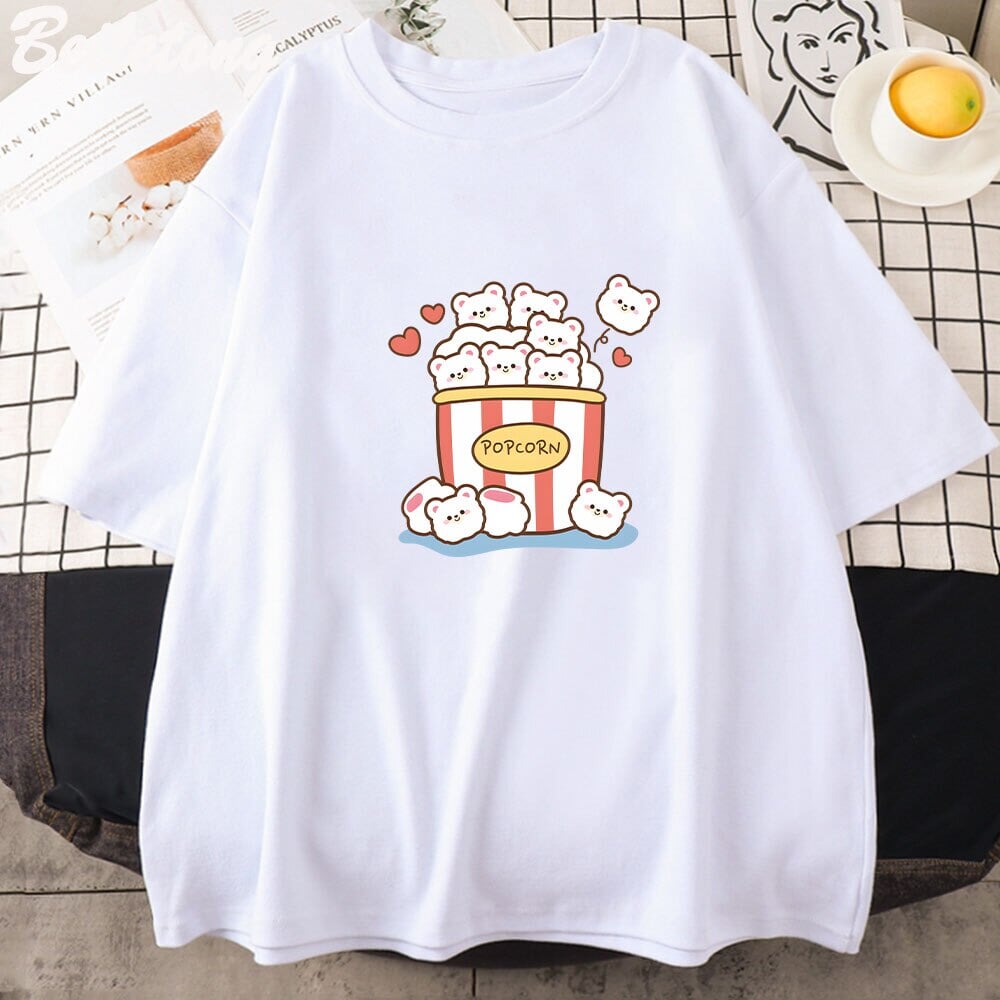 kawaiies-softtoys-plushies-kawaii-plush-Cute Kawaii White Bear Popcorn Unisex Tee Apparel White XS 