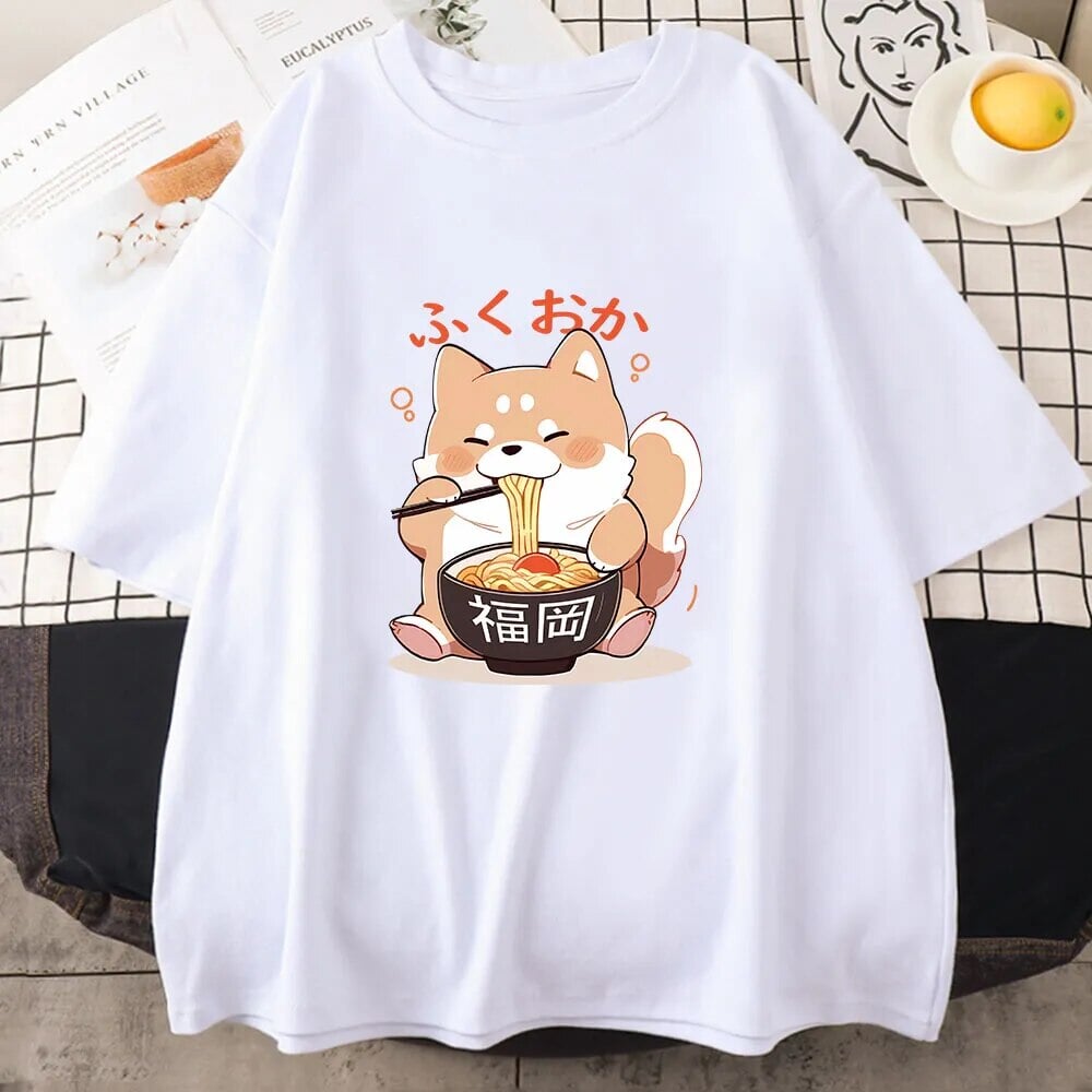 kawaiies-softtoys-plushies-kawaii-plush-Cute Shiba Inu Slurping Ramen Unisex Tee Apparel White XS 