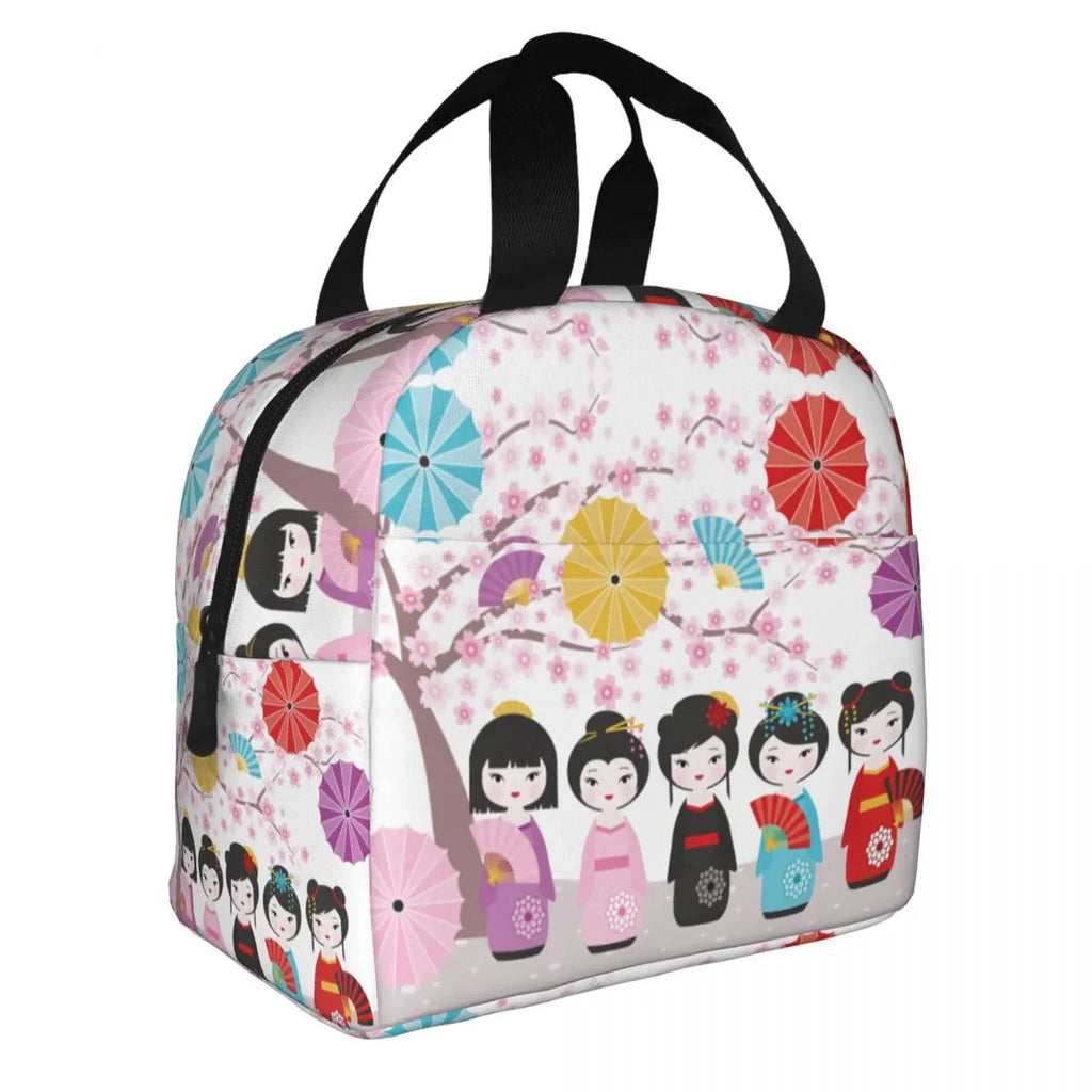 kawaiies-softtoys-plushies-kawaii-plush-Dozens of Japanese Kokeshi Doll Lunch Bag | NEW Bag Sakura Tree 