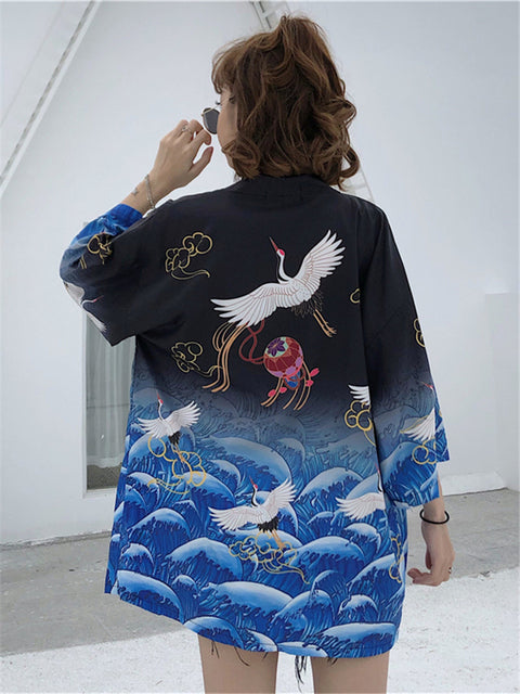 Exquisite Japanese-themed Crane Waves Women's Kimono Cardigan - Kawaiies - Adorable - Cute - Plushies - Plush - Kawaii