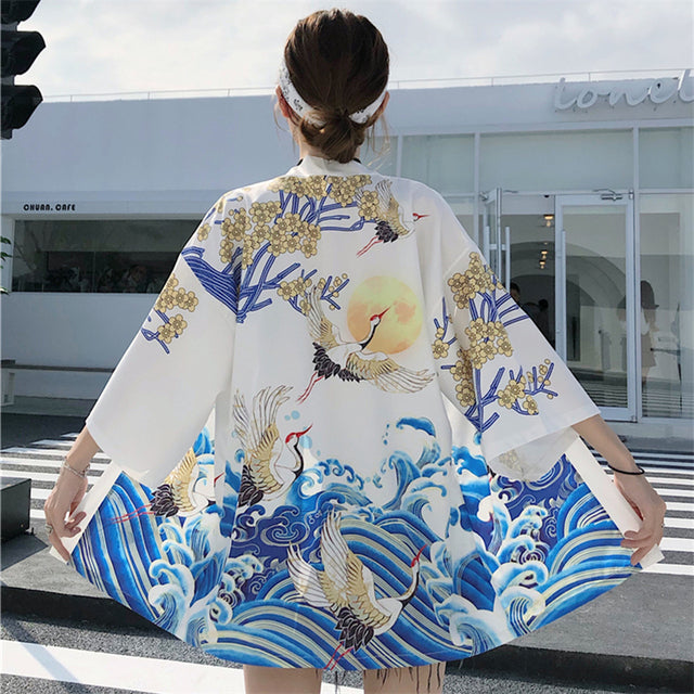 Exquisite Japanese-themed Crane Waves Women's Kimono Cardigan - Kawaiies - Adorable - Cute - Plushies - Plush - Kawaii