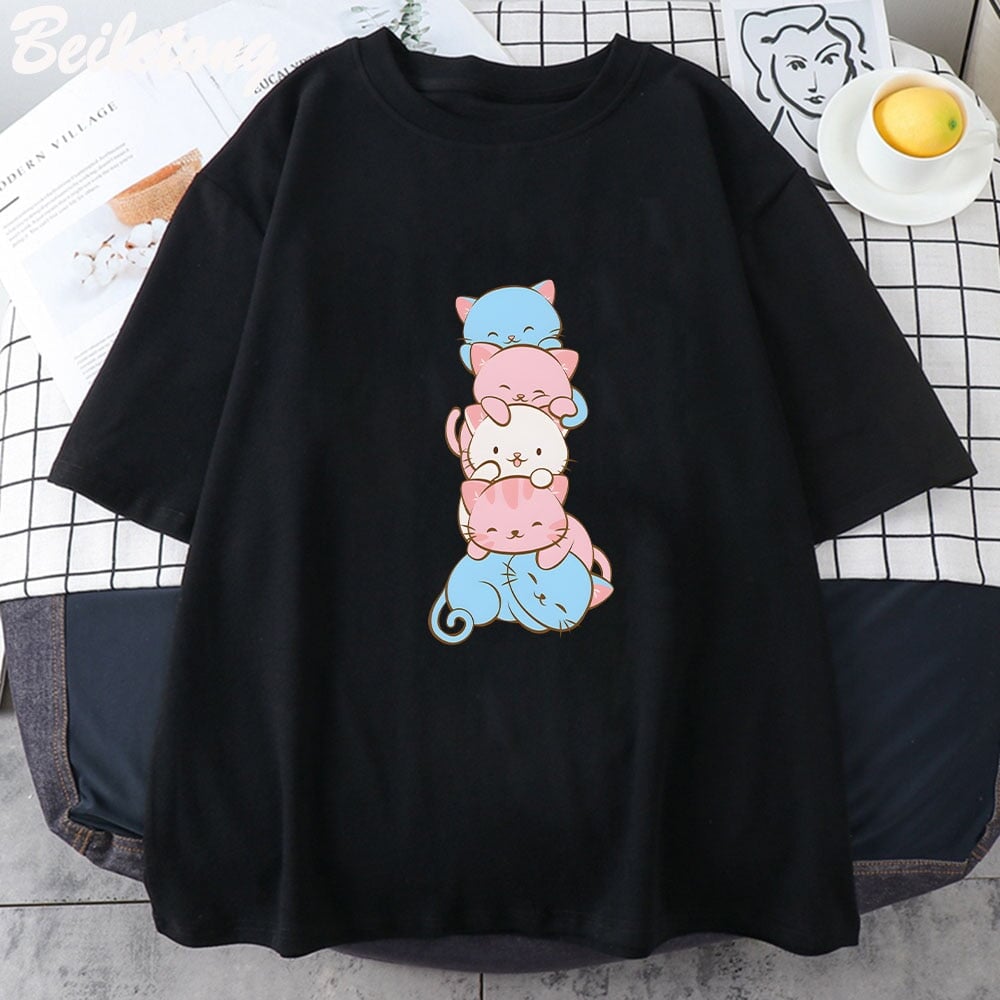 kawaiies-softtoys-plushies-kawaii-plush-Five Stacked Kawaii Cats Unisex Tee Apparel Black XS 