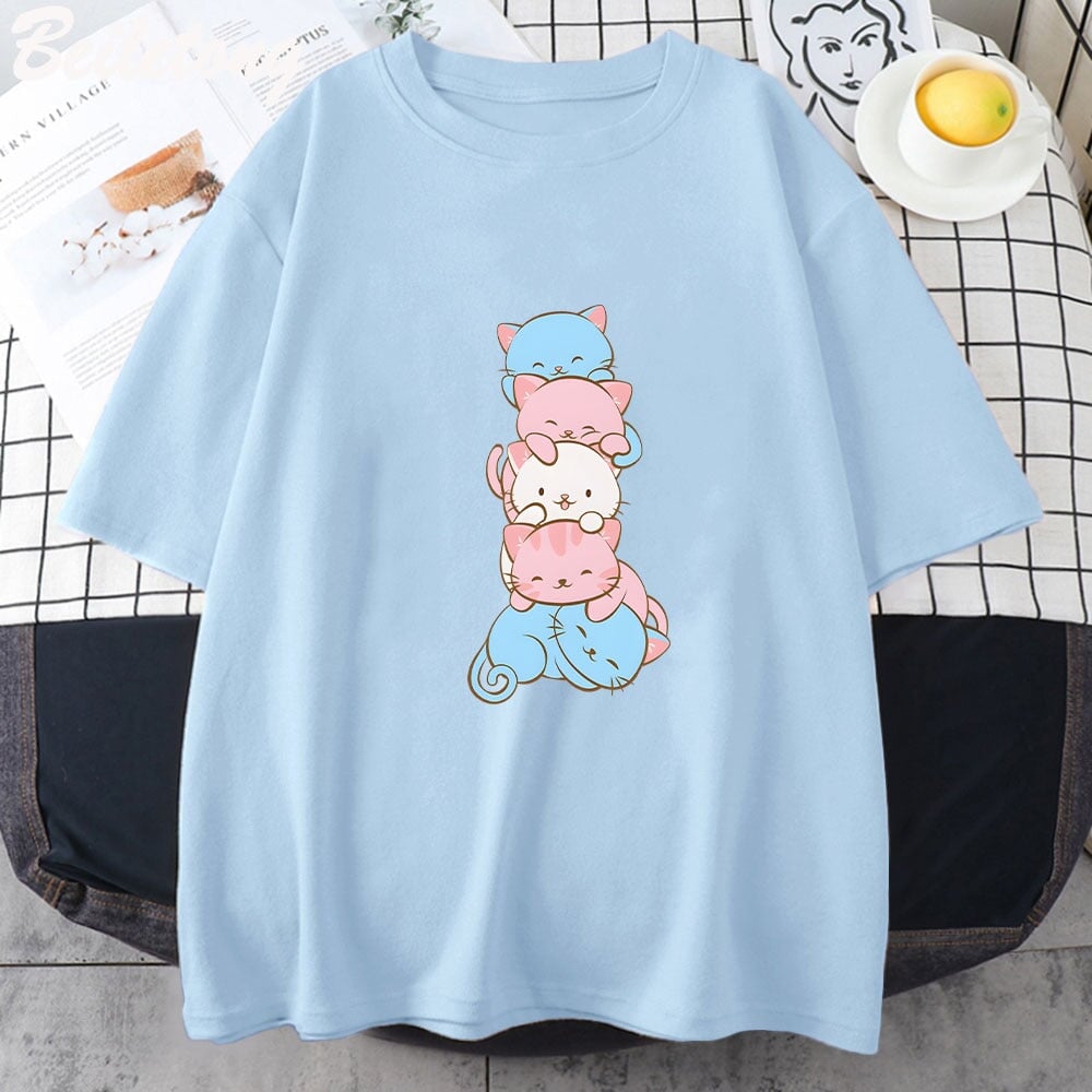 kawaiies-softtoys-plushies-kawaii-plush-Five Stacked Kawaii Cats Unisex Tee Apparel Blue XS 