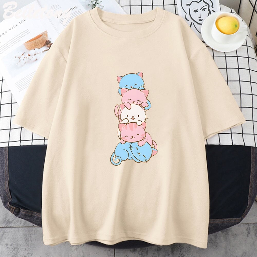 kawaiies-softtoys-plushies-kawaii-plush-Five Stacked Kawaii Cats Unisex Tee Apparel Cream XS 