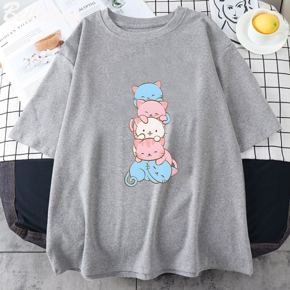 kawaiies-softtoys-plushies-kawaii-plush-Five Stacked Kawaii Cats Unisex Tee Apparel Gray XS 