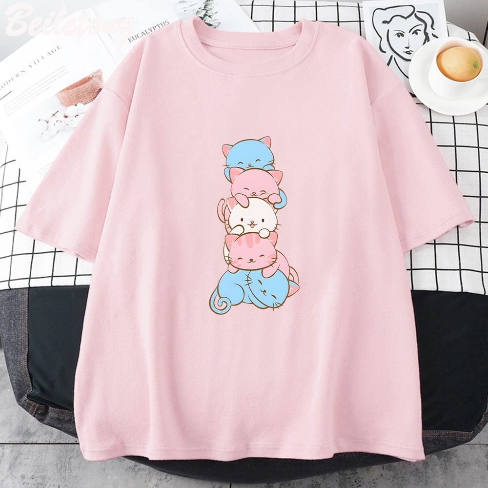 kawaiies-softtoys-plushies-kawaii-plush-Five Stacked Kawaii Cats Unisex Tee Apparel Pink XS 